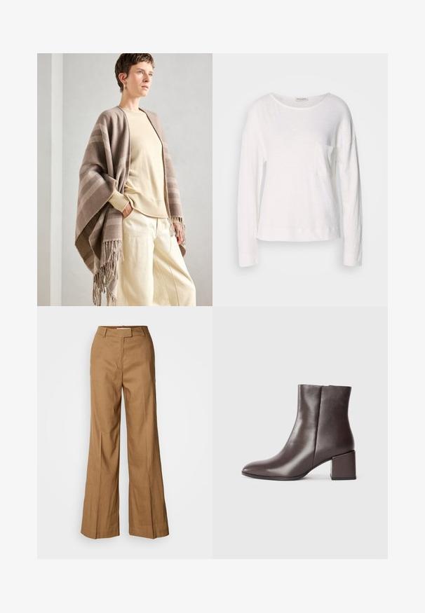 Châle rayé marron en tissu doux, avec des bords frangés. Associé à un pull crème clair et un pantalon crémeux ample.; T-shirt à manches longues blanc en tissu léger et texturé, avec un col rond et une petite poche sur la poitrine. L'ourlet se situe au niveau des hanches.; Pantalons larges bruns en tissu léger. Dotés d'un devant plat, de passants de ceinture et d'une silhouette ajustée avec une coupe à longueur de cheville.; Bottine en cuir marron avec un design épuré, bout pointu et talon carré. Texture lisse et silhouette minimaliste.