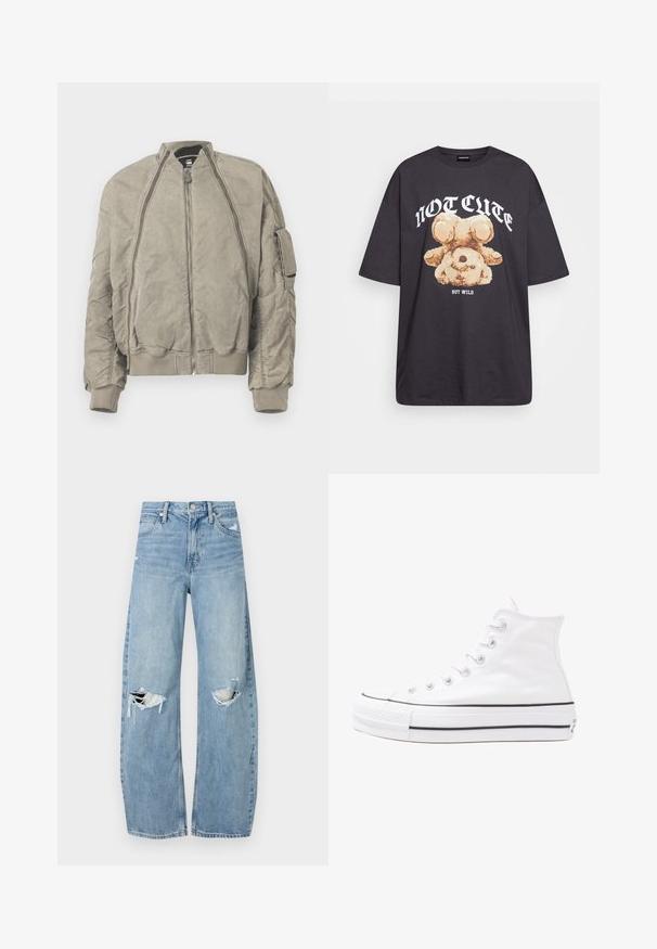 Jachetă bomber khaki din material texturat. Dispune de un guler înalt, fermoar frontal și buzunar lateral. Mansetele și tivul rib funcționează împreună cu designul.; Tricou oversized negru featuring un grafic cu un urs și textul „NU E DRĂGUȚ DAR SUNT SĂLBATIC” în litere albe, îndrăznețe. Material din bumbac.; Jeans de denim, de un bleu deschis, cu talie înaltă. Au picioare late, două zone rupte la genunchi și un stil clasic cu cinci buzunare.; Adidași albi tip pantofi sport cu glezna din pânză, cu talpă din cauciuc negru, capac de vârf din cauciuc frontal și șase ochiuri pentru șireturi, având un design curat și minimalist.