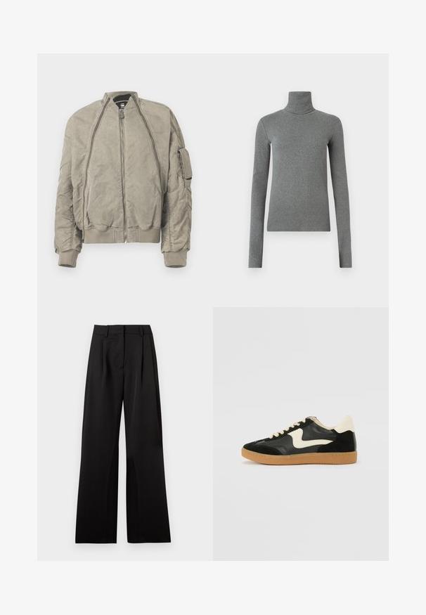 Khaki bomberjakke i tekstureret stof. Har en høj krave, frontlynlås og sidelomme. Ribbenede cuffs og kant fuldender designet.; Grå turtleneck skjorte lavet af glat, strækbart stof. Lange ærmer, tætsiddende design, minimal tekstur, uden synlige mønstre eller hardware.; Sorte bukser med brede ben og en glat tekstur, der har frontvickninger, en flad talje og bæltestropper. Enkel, skræddersyet design.; Sorte ruskinds- og lædersneakers med en cremefarvet side-swoosh og lys cremefarvet hæl. Har beige snørebånd og en gummirubber-sål.