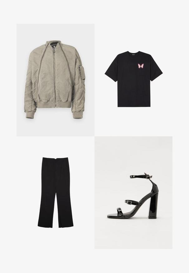 Khaki bomberjakke i tekstureret stof. Har en høj krave, frontlynlås og sidelomme. Ribbenede cuffs og kant fuldender designet.; Sort bomulds T-shirt med korte ærmer, prydet med en lille pink sommerfugl grafik på venstre bryst. Rund hals design med en afslappet pasform.; Sorte bukser med lige pasform, der har frontlommer og slidser i kanten. Lavet af blødt, glat stof. Velegnet til forskellige anledninger.; Sorte patenterede hælsandaler med firkantet tå, ankelremme og sølvspænder. Har en chunky blokHæl for stabilitet.