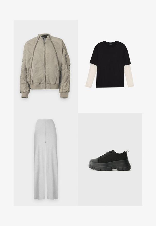 Khaki bomber jacket in textured fabric. Features a high collar, front zip, and side pocket. Ribbed cuffs and hem complete the design.; Black T-shirt made of cotton, featuring short sleeves over a white long-sleeve layer with a subtle textured pattern. Crew neckline design.; Light gray ribbed wide-leg pants with a high waistband and a front split. Made of soft fabric with a smooth texture.; Black sneakers with a chunky rubber sole, textured fabric upper, round toe, and lace-up design. Features reinforced eyelets and back pull tab.