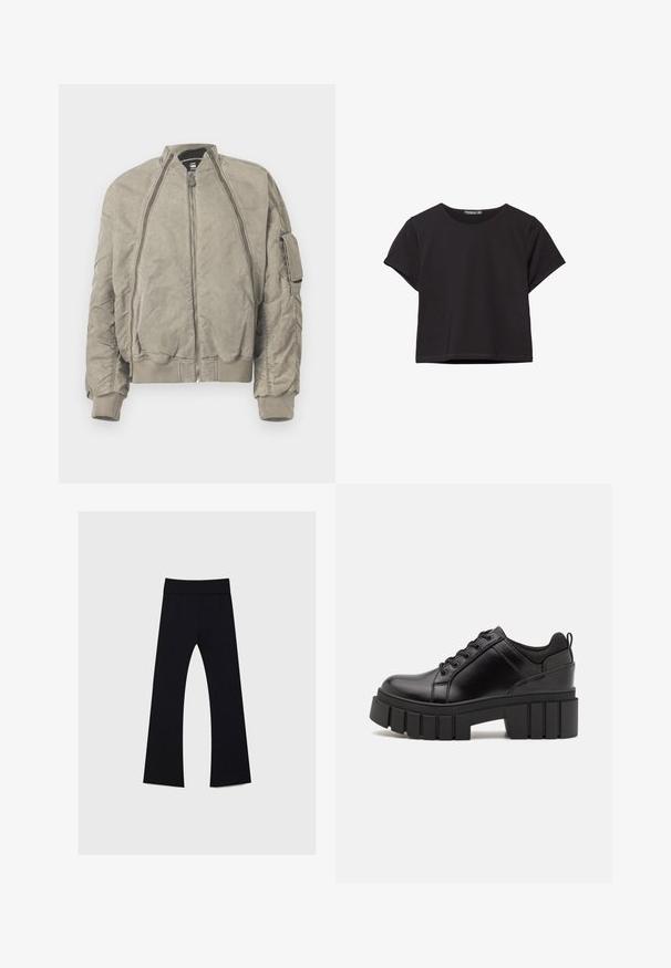 Khaki bomberjacka i texturerat tyg. Har en hög krage, dragkedja fram och sidofickor. Ribbad mudd och nederkant fulländar designen.; Svart kortärmad crop top i mjukt material, med rund halsringning och en avslappnad passform med en ren fåll.; Svarta yogabyxor med hög midja, tillverkade av stretchigt tyg, med en utformat ben med utsvängd design och en mjuk yta genom hela byxorna.; Svarta läderplattformsskor med en kraftig blockklack, rund tå och traditionell snörningsdesign. Har en slät textur och minimal detaljering.