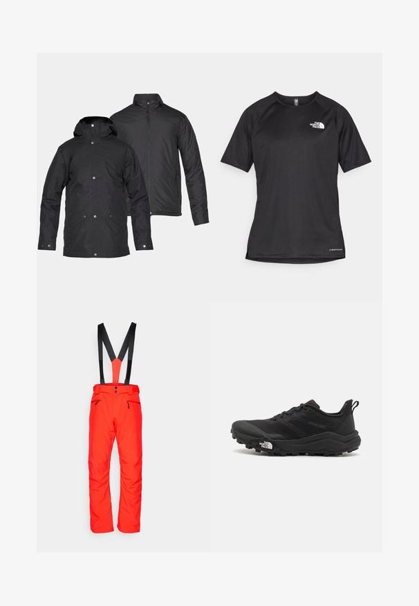 D dvije crne tople jakne, jedna s kapuljačom i dugmadi, a druga s okovratnikom i zatvaranjem na patentni zatvarač.; Crna kratkotrajna atletska majica s teksturiranom tkaninom, koja ima bijeli logo na lijevom prsnom dijelu i ravni rub.; Salomon EDGE PANT - Skijaške hlače - cherry tomato; Crne trail trkačke cipele s teksturiranim gornjim dijelom, gumeni potplat i ojačana zaštita za prste. Imaju podstavljen ovratnik i trakicu za lakše obuvanje.
