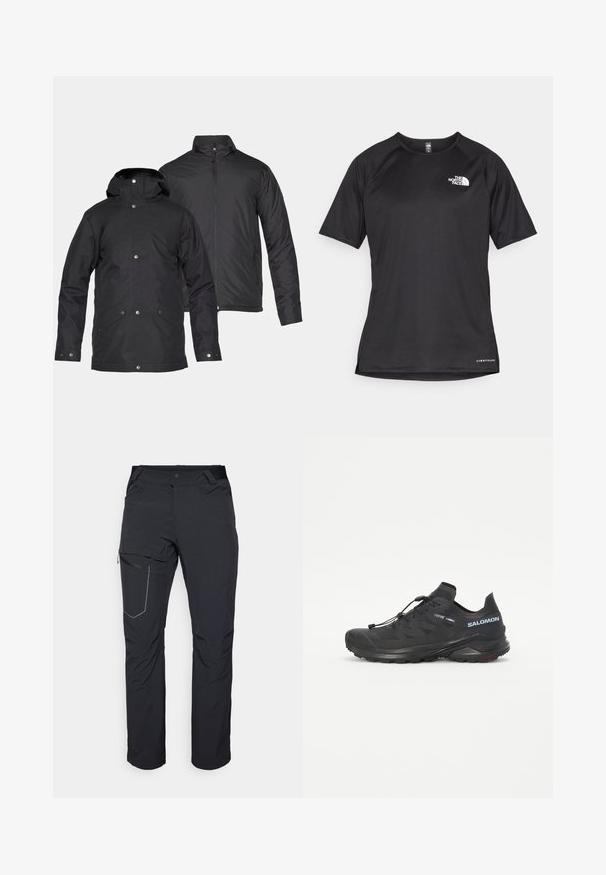 Divi melni izolēti mēteļi: viens ar kapuci un pogām, otrs ar stāvošu apkakli un rāvējslēdzēja aizdari.; Melna sporta krekla īsām piedurknēm ar strukturētu audumu, kas ir ar baltu logotipu kreisajā krūtīs un taisnu apakšmalu.; Melni āra bikses ar rāvējslēdzēja sānu kabatu, elastīgu jostasvietu un gludu, ūdensizturīgu audumu. Tīra dizaina bez redzamām emblēmām.; Melna taku skriešanas apava ar teksturētu augšdaļu, elastīgām auklām un Contagrip zoli. Iekļauj ciešu piegulšanu un aizsargājošu pirkstu daļu.