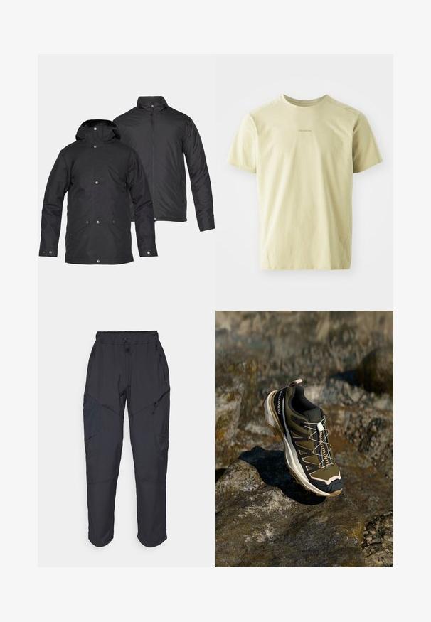 Zwei schwarze isolierte Jacken, eine mit Kapuze und Druckknöpfen, die andere mit Stehkragen und Reißverschluss.; Salomon TRACKLINE TEE - Sport T-Shirt - gray green; Schwarze Cargo-Hosen aus leichtem, wasserabweisendem Material; verfügen über einen elastischen Bund, mehrere Reißverschlusstaschen und schmal zulaufende Beine.; Wanderschuh in Olivgrün und Schwarz mit pinken Akzenten. Verfügt über ein strukturiertes Obermaterial, eine flexible Sohle, eine verstärkte Zehenkappe und ein farbenfrohes Schnürsystem.