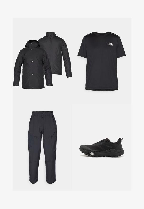 Dwie czarne ocieplane kurtki, jedna z kapturem i napami, druga z kołnierzem stojącym i zapięciem na zamek.; Czarny t-shirt z krótkim rękawem, wykonany z lekkiego materiału. Posiada małe białe logo na lewej piersi oraz subtelne akcenty na ramionach.; Czarne spodnie cargo wykonane z lekkiego, wodoodpornego materiału; posiadają elastyczny pas, liczne kieszenie zapinane na zamek oraz zwężane nogawki.; Czarne buty do biegania w terenie z teksturowaną cholewką, gumową podeszwą i wzmocnionym noskiem. Posiadają wyściełany kołnierz oraz uchwyt do łatwego zakładania.