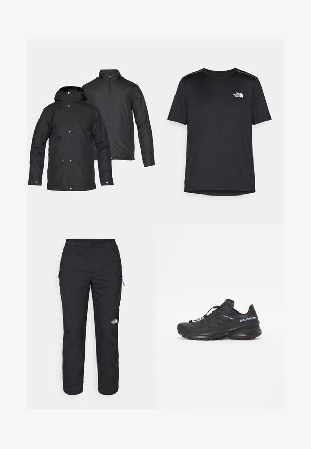 Twee zwarte geïsoleerde jassen, de ene met een capuchon en drukknoopsluiting, de andere met een staande kraag en ritssluiting.; Zwarte T-shirt met korte mouwen, gemaakt van lichtgewicht stof. Bevat een klein wit logo op de linkerborst en verfijnde schouderaccenten.; The North Face WINTER EXPLORATION TAPERED CARGO - Outdoorbroeken - black; Zwarte trailrunning-schoen met een gestructureerde bovenkant, elastische veters en Contagrip-buitenzool. Bevat een goede pasvorm en beschermende teenkap.