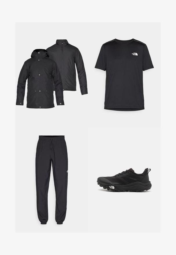 Twee zwarte geïsoleerde jassen, de ene met een capuchon en drukknoopsluiting, de andere met een staande kraag en ritssluiting.; Zwarte T-shirt met korte mouwen, gemaakt van lichtgewicht stof. Bevat een klein wit logo op de linkerborst en verfijnde schouderaccenten.; Zwarte sportieve broek gemaakt van lichtgewicht stof, met een trekkoord in de taille, zijzakken en taps toelopende boorden bij de enkels.; Zwarte trailrunning schoen met een gestructureerde bovenkant, rubberen zool en versterkte neus. Voorzien van een gevoerde kraag en een trekhaak voor eenvoudig aan- en uittrekken.