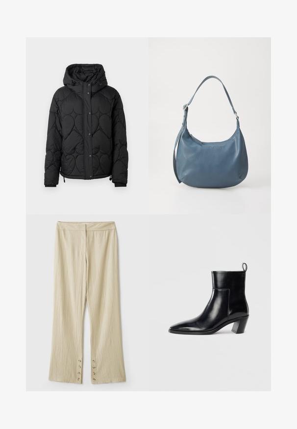 Jachetă puffer neagră, matlasată, cu glugă, având un model texturat, închidere cu nasturi prin presare, manșete elastice și tiv cu șnur ajustabil.; Cardigan cu fermoar, tricotat în model cable-knit, de culoare verde măsliniu închis. Dispune de un guler ribat, un model texturat și un închidere cu fermoar argintiu.; Tricou alb din bumbac cu mâneci scurte, guler rotund și o croială relaxată. Textură netedă, fără imprimeuri sau accente, design minimalist.; Pantaloni bej cu picioare late, dintr-un material texturat. Prezintă un talie plată și cinci nasturi la tiv pentru închidere. Design tutu.; Cizme negre din piele până la gleznă, cu vârful ascuțit, toc geometric patrulat și un manșon pentru tragere în spate. Textură netedă și design elegant.; Geantă de umăr din piele albastră, cu o formă rotunjită, bretea unică, închidere cu fermoar și numele brandului embosat pe față. Textură netedă.