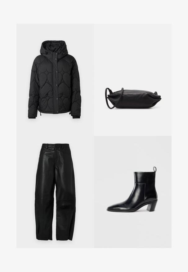 Black quilted puffer jacket with a hood, featuring a textured pattern, snap-button closure, elastic cuffs, and adjustable drawstring hem.; Black blouse with long sheer sleeves, featuring front pleats and a layered fabric flower accent on the left shoulder. Button closure at neck.; Black leather pants with a loose fit, featuring a straight leg design, front pockets, and visible stitching details.; Black leather ankle boot with a pointed toe, a geometric stacked heel, and a pull tab at the back. Smooth texture and sleek design.; Black leather clutch bag with a rectangular shape, smooth texture, thin shoulder strap, and minimalistic design.