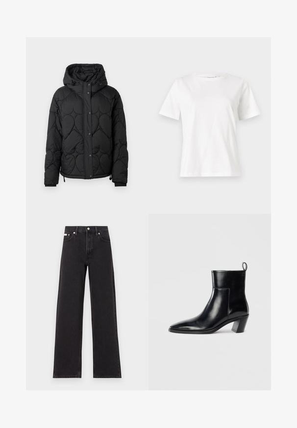 Black quilted puffer jacket with a hood, featuring a textured pattern, snap-button closure, elastic cuffs, and adjustable drawstring hem.; White cotton t-shirt with short sleeves, round neckline, and a relaxed fit. Smooth texture, no patterns or accents, minimalistic design.; Black wide-leg jeans made of denim, featuring a high-rise waist, five-pocket styling, and a metal button closure with contrasting stitching.; Black leather ankle boot with a pointed toe, a geometric stacked heel, and a pull tab at the back. Smooth texture and sleek design.