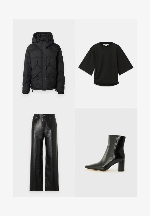 Musthave mustrikkim jacket, mis on valmistatud mustast tikandiga puffer kangast, kapuutsiga, tekstuurse mustriga, nööbiga kinnitusega, elastsete mansettidega ja reguleeritava tõmbluku otsaga.; Must have lühikeste varrukatega must t-särk, mis on valmistatud pehmest puuvillast, ringikujulise kaelusega ja vabalt langenud lõikega, millel on külgedel peen volditud detail.; Mustad läikiva viimistlusega laia säärega nahkpüksid, millel on ees taskud, lüpsi tõmblukk ja nööbiga kinnitus. Ühtlane sile tekstuur.; Mustad muste saapad, mis on valmistatud läikivast nahast, terava koonuse ja tugeva ruudukujulise kandiga. Omab sileda tekstuuri ja minimalismi kujundust.
