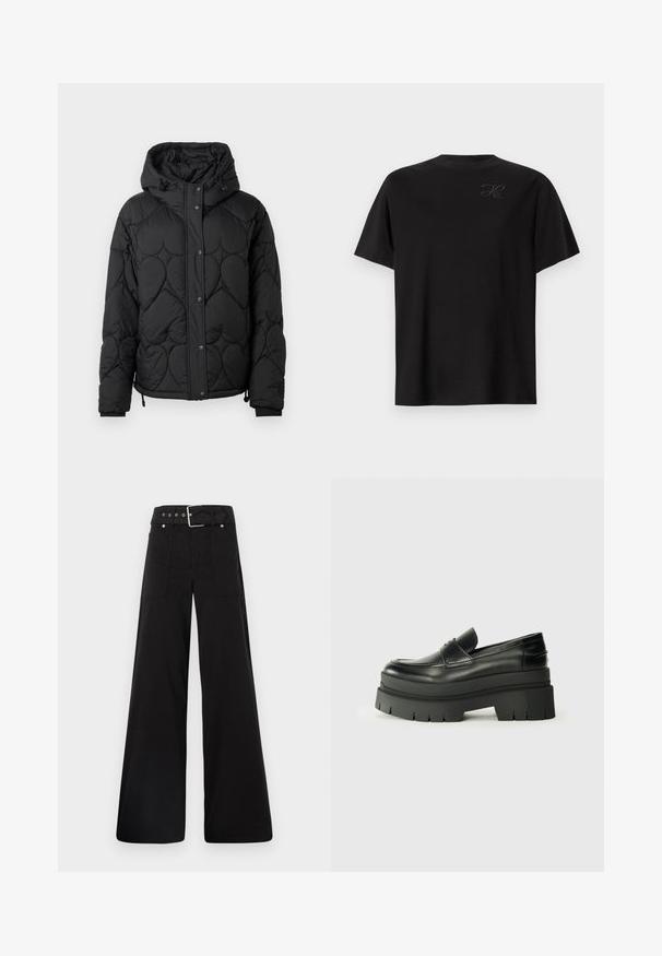 Juodas siuvinėtas pūkinis džemperis su kapišonu, turintis tekstūruotą raštą, užsegimą su snap užtrauktukais, elastines rankoves ir reguliuojamą raištelį apatinėje dalyje.; Juodas medvilnės marškinėliai, su apvalia kaklo iškirpte, trumpomis rankovėmis, ant viršutinio kairiojo šono esantis mažas, toninis logotipas. Sklandžios tekstūros.; Juodos plačios kojų kelnės, pagamintos iš medvilnės, su aukšta liemene, didelėmis šoninėmis kišenėmis ir diržu, papuoštu sidabriniais akcentais.; Juodos odinės loafers tipo bateliai su masyviu platformos padu. Suapvalintas pirštas, priekinė siuvimo detalė ir subtilūs siuvinėjimo akcentai. Lygus, tekstūruotas padas.