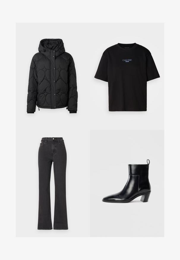 Fekete steppelt puffermellény kapucnival, amely texturált mintával, patkós gombos záródással, elasztikus mandzsettákkal és állítható húzózsinórral ellátott hem.; Fekete pamut póló kerek nyakkal, rövid ujjú, elöl kék hímzett "Calvin Klein JEANS" logóval.; Fekete, magas derekú, trapéz fazonú farmernadrág, gombos záródással, övrésszel és oldalsó zsebekkel. Sima textúrájú, minimális kopással.; Fekete bőr bokacsizma hegyes orral, geometrikus, rétegelt sarokkal és hátsó húzófüllel. Sima textúra és kifinomult dizájn.