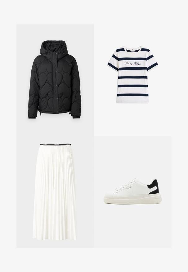 Black quilted puffer jacket with a hood, featuring a textured pattern, snap-button closure, elastic cuffs, and adjustable drawstring hem.; Cotton T-shirt with horizontal navy stripes on a white background. "Tommy Hilfiger" embroidered in cursive on the chest. Crew neckline.; Pleated white skirt with a black elastic waistband featuring the "LACOSTE" logo. Mid-length design with soft texture.; White leather sneakers with a thick white sole, black suede heel accent, and embossed logo on the side. Laced design with six eyelets.