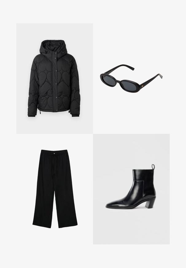 Črna prešita puffer jakna s kapuco, ki vsebuje teksturiran vzorec, zapiranje na gumbnice, elastične manšete in nastavljiv spodnji rob z vrvico.; Črna dolga majica z dolgimi rokavi, narejena iz rebraste tkanine. Ima okroglo ovratnico in pristen kroj. Brez vzorcev ali okrasnih elementov. Preprost dizajn.; Črne, lahke široke hlače z elastičnim pasom in vrvico. Gladka tekstura, brez vidnih vzorcev ali strojne opreme.; Črne usnjene gležnjarje s koničastim prstom, geometrijsko oblikovanim zloženim peto in zanko na hrbtni strani. Gladka tekstura in eleganten dizajn.; Črne oversize sončne očala z ovalnimi lečami, gladkim plastičnim okvirjem in zlatenimi detajli na templjih. Temne leče zagotavljajo zaščito pred soncem.