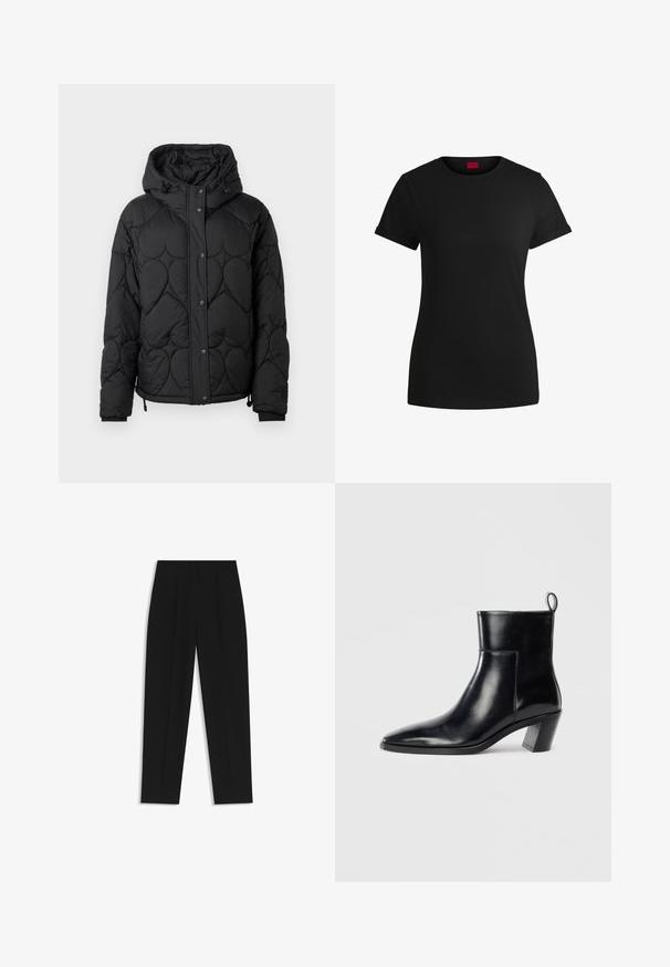 Sort quiltet pufferjakke med hætte, med et struktureret mønster, trykknaplukning, elastiske håndled og justerbar snor i kanten.; Sort bomulds T-shirt med korte opklappede ærmer, rund halsudskæring og et rødt mærke. Glat tekstur, tætsiddende form med minimal detaljer.; Sorte bukser med lige pasform, der har dobbelte folder, en glat tekstur og et klassisk taljedesign. Ingen synlige hardware eller accenter.; Sort læder ankelstøvle med spids tå, geometrisk stablet hæl og en løftestrop bagpå. Glat tekstur og slankt design.