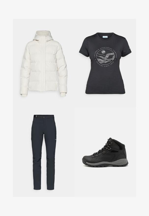 Balta pūkinė striukė su gobtuvu, pasižyminti lygia tekstūra ir stačiakampiu siuvinėjimu, užtrauktukiniu uždarymu ir elastingais rankogaliais.; Juodas "Columbia" marškinėliai su balta apskrita kalnų ir upės linijų grafika bei tekstu "Columbia Sportswear Company Lauke nuo 1938 metų."; Vyrų lauko kelnės, tamsiai pilkos, pagamintos iš elastingos medžiagos, su diržu, užtrauktukais užtraukiamomis kišenėmis ir sustiprinta siūle.; Juodas žygio botas su vidutinio aukščio dizainu, pasižymintis tekstūruota viršutine dalimi, pilkų akcentų ir patvaria guma padanga su sukibimo gumbais.