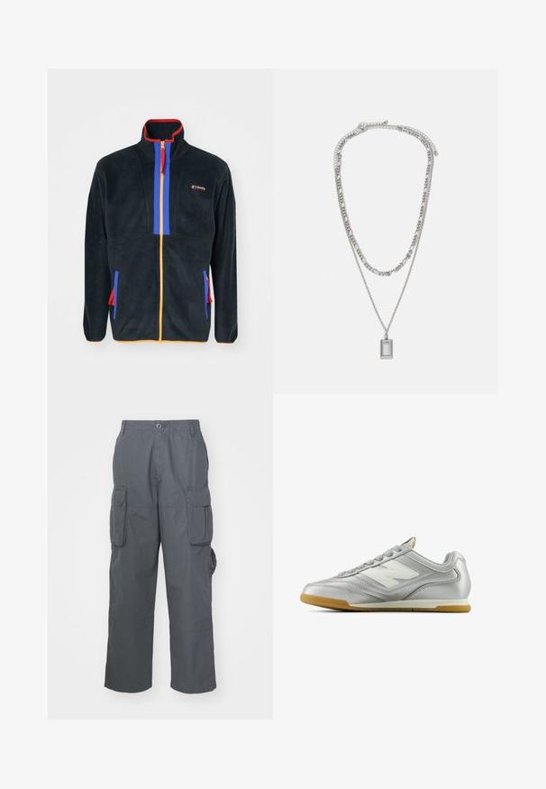 Dark blue fleece jacket with a red and blue zippered front, orange accents, and side pockets featuring colorful zippers. Brand logo visible.; Black long-sleeve t-shirt made of cotton, featuring a round neckline and straight cut, with a small logo detail on the sleeve.; Cargo pants in dark gray fabric; features multiple side pockets, a relaxed fit, and a button closure at the waistband.; Silver athletic shoe with a smooth, shiny surface, white logo on the side, textured gray laces, and a gum rubber sole.; Silver necklace with two layered chains; features a rectangular pendant with a smooth surface, showcasing a polished metal finish.