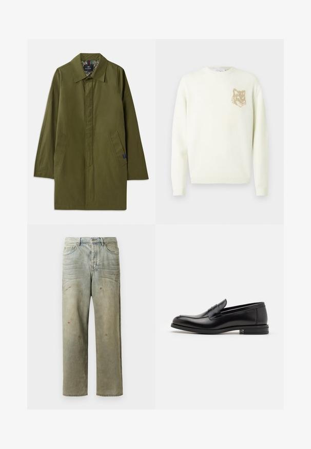 Abrigo ligero verde oliva con cuello puntiagudo, dos bolsillos laterales y un forro interior estampado. Presenta un diseño de corte recto y relajado.; Suéter de cuello redondo crema con mangas largas y un pequeño gráfico de cabeza de zorro beige en el lado izquierdo del pecho, puños y dobladillo acanalados.; Jeans de mezclilla desgastados en verde claro, con corte recto, diseño de cinco bolsillos y decoloración desigual con manchas de pintura.; Mocasines de cuero negro con una textura suave, puntera redondeada y una tira decorativa en el empeine. Tacón bajo apilado, diseño minimalista.