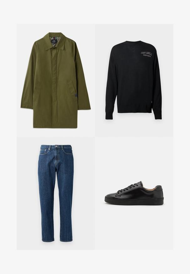 Olive roheline kerge mantel terava kraega, kahe küljetasku ja mustrilise voodriga. Omab lõdva, sirget lõiget.; Musta kootud kampsun pika varruga, ümar kaelus ja soonikkoes mansetid. Omab valgeid tikandeid tekstidega "JUST CAVALLI" ja "FIRED EARTH".; Tumed sinise denimiga teksad sirge säärega, nähtava õmblusega, viie taskuga disain ja nööbiga sulgur vööl.; Must värvi nahast spordikingad sileda viimistlusega, ümmarguse varbaga ja mustade paeltega. Omab minimaalset brändimist kontsapooles ja kummist tallat.