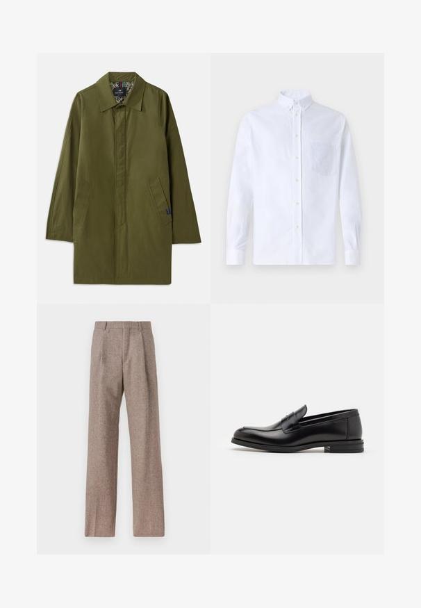 Olijfgroen lichtgewicht jasje met een puntige kraag, twee zijzakken en een met patroon gevoerde binnenkant. Heeft een ontspannen, rechte snit.; Witte lange mouwen overhemd van katoen, met een borstzak met tonale borduring, een kraag en knopenmanchetten.; Bruine, hooggewaisted broeken van een gestructureerde stof. Heeft wijde benen en twee voorplooien voor extra structuur. Net afgewerkt zonder zichtbare hardware.; Zwarte leren instappers met een gladde textuur, ronde neus en een decoratieve band over de wreef. Lage, gestapelde hak en minimalistisch ontwerp.