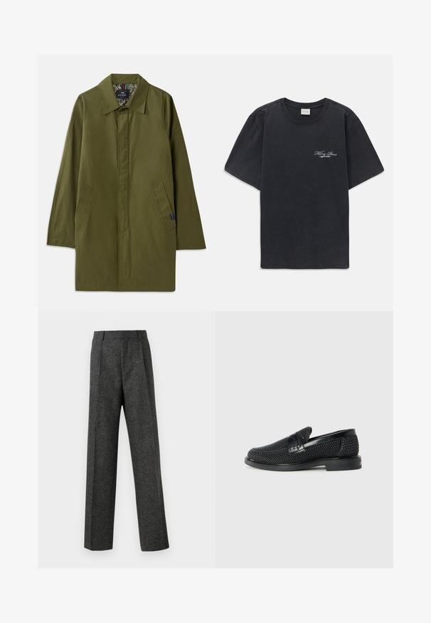 Olive green lightweight coat with a pointed collar, two side pockets, and a patterned inner lining. Features a relaxed, straight cut design.; Black short-sleeve crew neck t-shirt with small white "Filling Pieces" text logo on the left chest.; Gray tailored trousers made of textured fabric, featuring two front pleats and a straight-leg design. No visible pockets or embellishments.; Black woven slip-on shoe with a smooth leather accent on the upper, a round toe design, and a low-profile rubber sole.