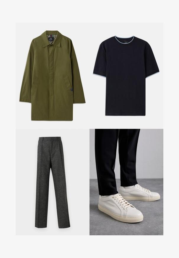 Maslinasto zeleni lagani kaput s oštrim ovratnikom, dva bočna džepa i uzorkovanu unutarnju podstavu. Ima opušteni, ravni kroj.; Tamno plava kratka majica s kapućinom, s okruglim izrezom, s svijetloplavim detaljima na ovratniku i rukavima. Izrađena od mekog pamučnog materijala.; Sive prilagođene hlače od teksturiranog materijala, s dva prednja nabora i ravnim krojem. Nema vidljivih džepova ili ukrasa.; Svijetlosmeđi kožni tenisice s ravnim vezicama, teksturiranom površinom i kontrastnom kremasto bijelom gumom potplatom, uparene s crnim suženim hlačama.