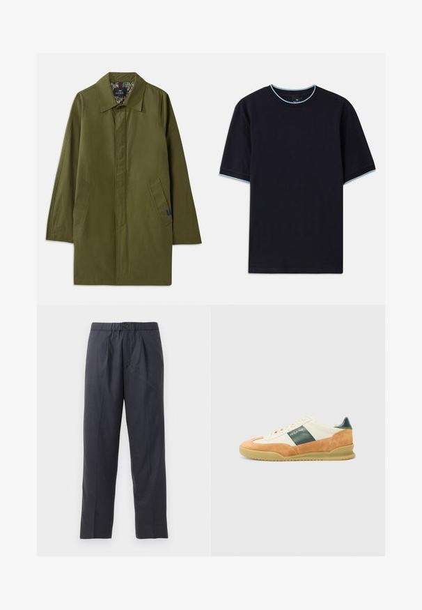 Olive roheline kerge mantel terava kraega, kahe küljetasku ja mustrilise voodriga. Omab lõdva, sirget lõiget.; Tume sinine lühikese varrukaga t-särk ümmarguse kaelusega, millel on helesinised aktsendid kaeluse ja varrukate ümber. Valmistatud pehmest puuvillast kangast.; Tumed sinised püksid pehmest kangast, mille esiosal on volditud disain ja elastne vöökoht. Varustatud nupuga sulgemisega ja sirge lõikega.; Valge ja beež spordijalats, mis on valmistatud samet- ja nahkmaterjalidest. Roheline aktsentlint, kummist põhi ning minimaalne kuldne bränding külgedel.