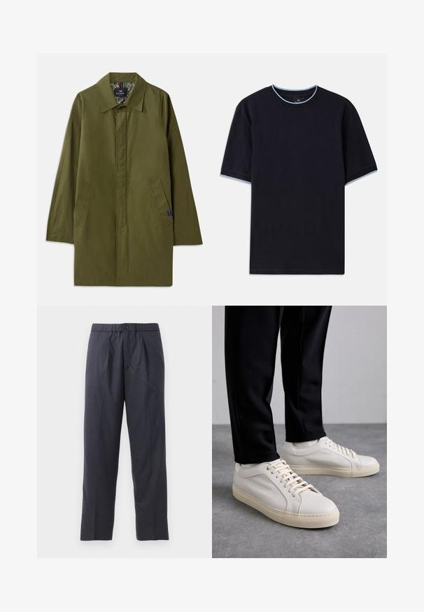 Maslinasto zeleni lagani kaput s oštrim ovratnikom, dva bočna džepa i uzorkovanu unutarnju podstavu. Ima opušteni, ravni kroj.; Tamno plava kratka majica s kapućinom, s okruglim izrezom, s svijetloplavim detaljima na ovratniku i rukavima. Izrađena od mekog pamučnog materijala.; Tamno plave hlače od mekanog materijala s plićim prednjim dijelom i elastičnim pojasom. Imaju zatvaranje na gumb i ravno krojenje.; Svijetlosmeđi kožni tenisice s ravnim vezicama, teksturiranom površinom i kontrastnom kremasto bijelom gumom potplatom, uparene s crnim suženim hlačama.