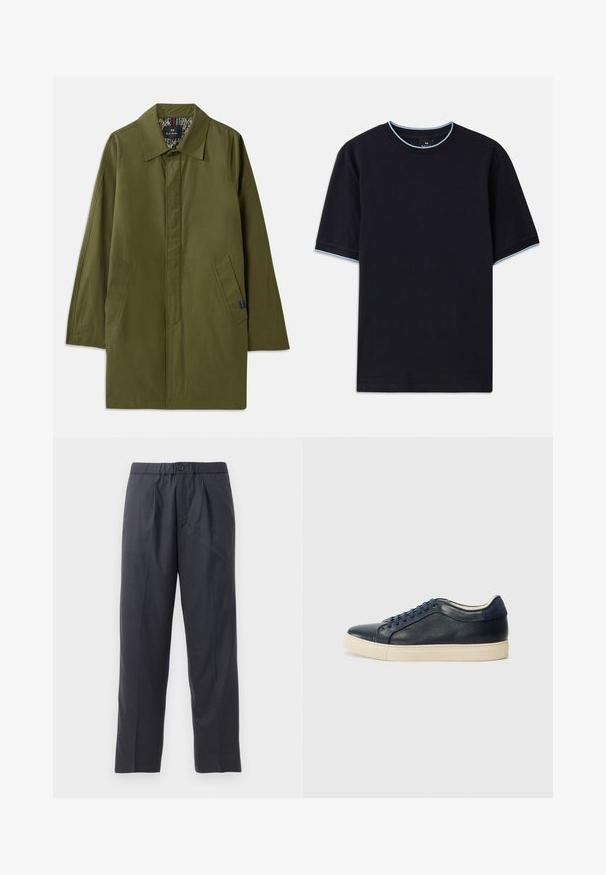 Olive roheline kerge mantel terava kraega, kahe küljetasku ja mustrilise voodriga. Omab lõdva, sirget lõiget.; Tume sinine lühikese varrukaga t-särk ümmarguse kaelusega, millel on helesinised aktsendid kaeluse ja varrukate ümber. Valmistatud pehmest puuvillast kangast.; Tumed sinised püksid pehmest kangast, mille esiosal on volditud disain ja elastne vöökoht. Varustatud nupuga sulgemisega ja sirge lõikega.; Tumedat sinised nahast spordijalatsid kreemja kummitaldiga, siniste paeltega ja siledast tekstuurist. Ümar varvas ja minimalistlik disain.