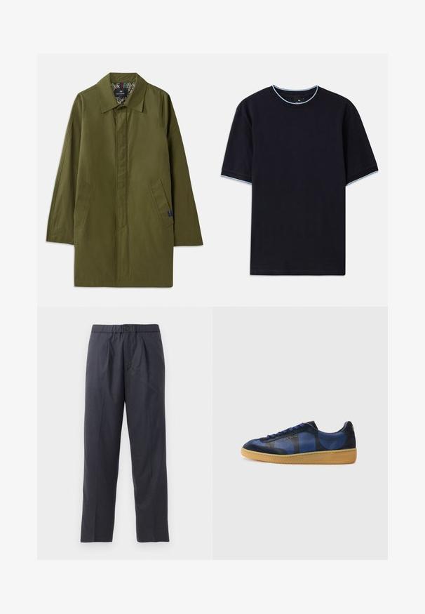 Olivno zelena lahka bunda s uskatim ovratom, dvema stranskima žepoma in vzorčasto notranjo oblogo. Ima sproščen, ravno krojen dizajn.; Temno modra kratka majica s kratkimi rokavi in okroglim izrezom, s svetlo modrimi poudarki na ovratniku in rokavih. Narejena iz mehke bombažne tkanine.; Temno modri hlače iz mehkega materiala z nabranim sprednjim delom in elastičnim pasom. Imajo gumbasto zapiranje in ravno krojene hlačnice.; Temno modri športni čevlji iz kombinacije semiša in usnja, ki imajo okrogle vzorce, vijolične vezalke in podplat iz gumijaste gume. Zlati logotip blagovne znamke na strani.