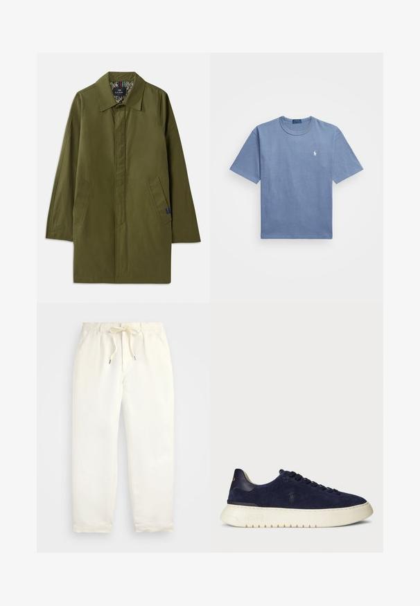 Olivovo zelený ľahký kabát s špicatým golierom, dvoma bočnými vreckami a vzorovanou vnútornou podšívkou. Má uvoľnený, rovný strih.; Modrá bavlnená tričko s krátkymi rukávmi, okrúhlym výstrihom a bielym vyšitým logom na ľavej strane hrudníka. Hladká textúra, neformálny dizajn.; Svetlo krémové, voľné nohavice vyrobené z mäkkého materiálu. Majú elastický pás s šnúrkou a zúžený strih nohavíc.; Námořnické semišové nízké tenisky s texturovaným povrchem, gumovou podrážkou a tónovými tkaničkami, přičemž na boku a patě je malé logo.