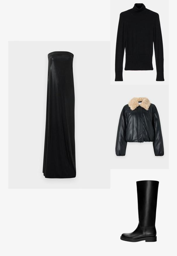 Giacca cropped in finta pelle nera con un collo beige peloso, dotata di polsini elasticizzati e una superficie liscia.; AERON TENDER LONG SLEEVED - Maglione - black; Abito maxi nero senza maniche realizzato in tessuto liscio e lucido. Presenta un corpetto aderente e una silhouette fluida, che arriva fino al pavimento senza decorazioni.; Stivale in pelle nera al ginocchio con una texture liscia, punta rotonda, design sobrio e tacco a blocco basso. Nessuna hardware o motivo visibile.