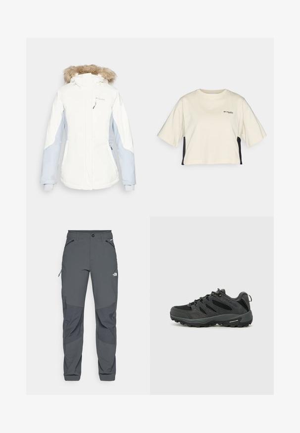 Weiße und hellblaue Damenjacke mit fellgefütterter Kapuze, Reißverschlusstaschen und elastischen Bündchen. Wasserabweisender Stoff mit taillierter Passform.; Cremfarbendes, kurzes T-Shirt mit Rundhalsausschnitt, kurzen Ärmeln und schwarzen Seitenpanelen; verfügt über ein kleines schwarzes Logo auf der Brust.; Dunkelgraue Outdoor-Hosen mit verstärkten Kniebereichen, seitlichen und vorderen Taschen mit Reißverschluss, Knopfverschluss und dem The North Face-Logo auf dem Oberschenkel.; Columbia REDMOND - Hikingschuh - black/citron haze