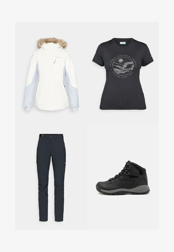 Valge ja helesinine naiste jakk, millel on karvapatjadega kapuuts, tõmblukkude taskud ja elastsed mansetid. Veekindel kangas sobiva lõikega.; Musternine Columbia T-särk mustas värvuses, millel on valge ümmargune mägi ja jõe joonistus ning tekst "Columbia Sportswear Company Outside Since 1938."; Meeste välkpüksid, tumehallid, valmistatud paindlikest materjalidest, vöökohaga, tõmblukuga taskud ja tugevdatud õmblused.; Mustarjaline matkasaabas, millel on keskmine disain, tekstuuriga ülemine osa, hallid aktsendid ja vastupidav kummist põhi, millel on haardelugesid.