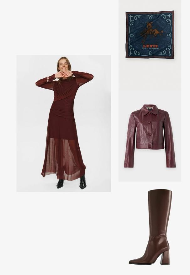 Burgunderfarbene Lederjacke mit kurzem Schnitt, Kragen, Knopfverschluss und langen Ärmeln. Glatter Stoff mit dekorativen Nähten.; Langes burgunderfarbenes Kleid aus durchsichtigem und glattem Stoff, mit einem gewickelten Oberteil, Raffung und durchsichtigen langen Ärmeln.; Braune knöchelhohe Lederstiefel mit spitzer Zehenform und einem klobigen, transparenten Absatz. Glatte Textur mit minimalen Details.; Navy Seidenschal mit einem Grafikmotiv eines braunen Pferdereiters, einem dekorativen blauen Seilmuster und dem Text "LEVI'S GETRAGEN VON ALLEN COWBOYS" in Rot.