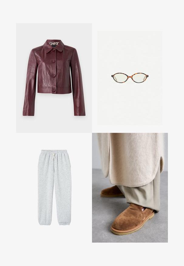 Burgundska usnjena krajšana jakna s ovratnikom, gumbnimi zapori in dolgimi rokavi. Gladka tekstura z okrasnimi šivi.; Siv krojen pulover izdelan iz mehkega, puhastega materiala. Ima dolge rokave in okrogel izrez ter gladko, lahko teksturo.; Sive trenirke iz mehkega materiala, z elastičnim pasom z vrvico in elastičnimi manšetami na gležnjih.; Rjave semiš copate z zaobljenim nosom, gumijastim podplatom in stranskimi izrezi, v kombinaciji s svetlo bež krojenimi hlačami.; Kornjačaste očala z ovalnimi lečami in gladko, sijočo površino. Imajo tanke stranice z rahlim ovinkom na templjih. Prosojne leče.