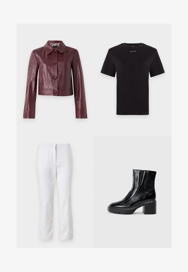 Bordo odinė trumpa striukė su apykakle, užsegama mygtukais ir ilgomis rankovėmis. Lygus paviršius su dekoratyvinėmis siūlėmis.; Juodas medvilninis marškinėliai trumpomis rankovėmis, apykaklė, su mažu baltu "Calvin Klein" logotipu krūtinėje. Lygus paviršius, klasikinis siluetas.; Balti medvilniniai kelnių su tiesiu kojų dizainu, turintys vidutinį liemenį ir be matomų detalių ar raštų. Lygi tekstūra visame paviršiuje.; Juodi lakiniai auliniai batai iki kulkšnies, su išlenktu pirštu, elastinėmis šoninėmis panelėmis ir masyviu blokuotu kulnu. Apdailoje užpakalinėje dalyje įspaustas logotipas.