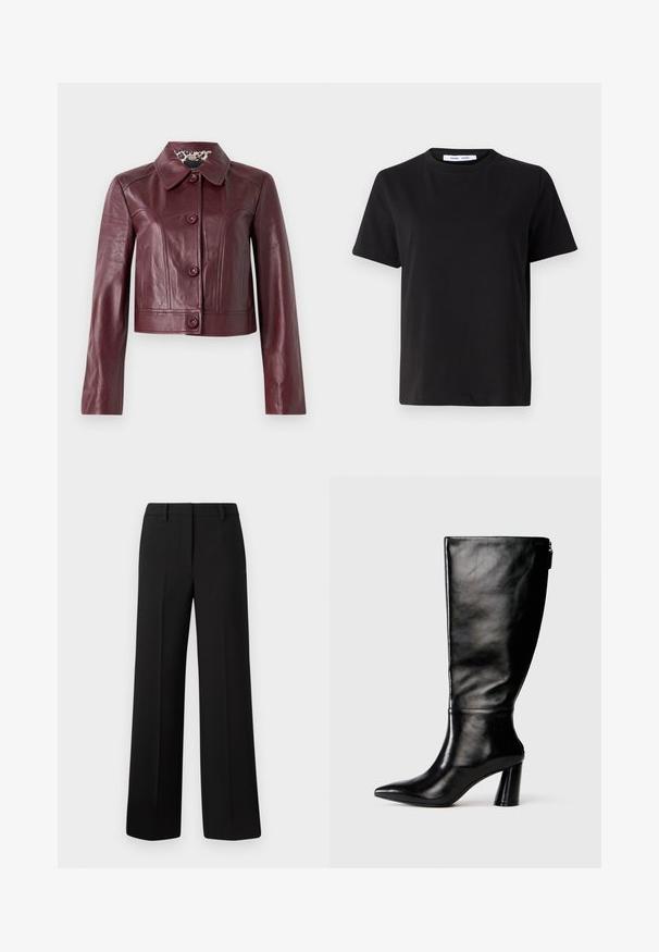 Burgundi nahast lühike jakk, millel on kraega kaelus, nööbid ja pikad varrukad. Sile tekstuur koos dekoratiivsete õmblustega.; Must have lühikeste varrukatega t-särk, mis on valmistatud pehmest puuvillast, ümmarguse kaelusega, lõdva sobivusega ja sileda tekstuuriga. Ei ole nähtavaid mustreid ega graafikat.; Mustad lai püksid, mis on valmistatud siledast kangast, reguleeritud lõikega, vöödega ja ilma nähtavate mustrite või kaunistusteta.; Knee-high musta nahksaabas terava nina, siledat pinnad ja paks konts. Tagaküljel on tõmblukk.