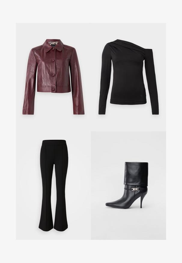 Burgunderfarbene Lederjacke mit kurzem Schnitt, Kragen, Knopfverschluss und langen Ärmeln. Glatter Stoff mit dekorativen Nähten.; Schwarzes langärmliges Oberteil mit asymmetrischem Ausschnitt, eines der Schultern ist frei und sanft drapiert über der Brust.; Schwarze, ausgestellte Hose aus einem dehnbaren Material mit glatter Textur, ausgestattet mit Nahtdetails an der Vorderseite für ein zusätzliches Designelement.; Schwarze Leder-Ankle-Boots mit spitzer Zehenpartie, hohen Stiletto-Absätzen, umgeschlagenem Schaft und einem goldenen dekorativen Schnallen-Detail an der Knöchel.
