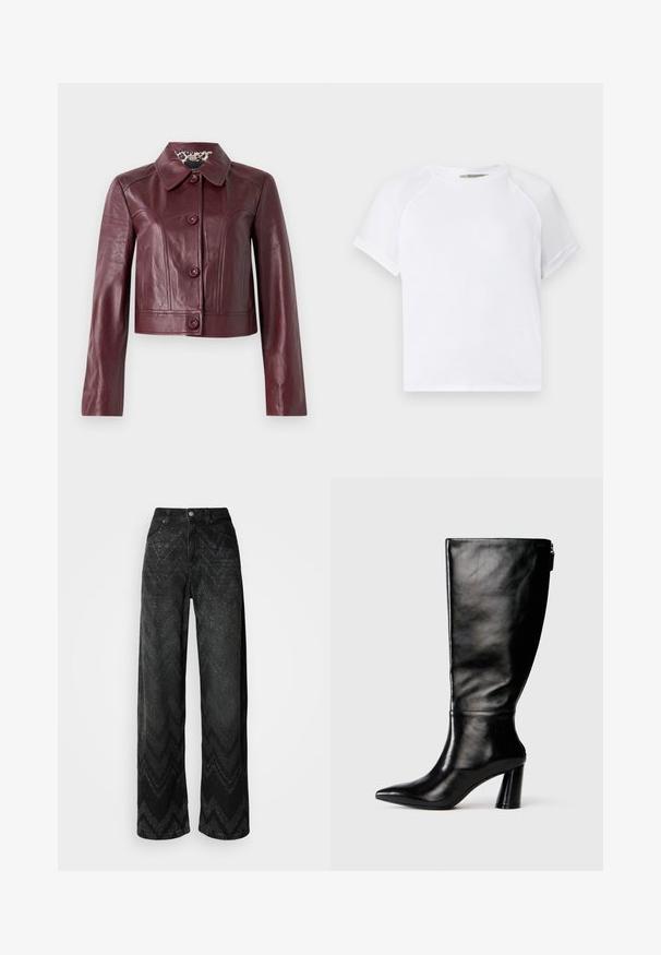 Burgunderfarbene Lederjacke mit kurzem Schnitt, Kragen, Knopfverschluss und langen Ärmeln. Glatter Stoff mit dekorativen Nähten.; Weißes Baumwoll-T-Shirt mit Rundhalsausschnitt, kurzen Raglanärmeln und lockerer Passform. Glatte Textur ohne sichtbare Muster oder Akzente.; Schwarze weit geschnittene Jeans mit einem Zickzack-Texturmuster. Aus Denim gefertigt, mit einem Knopfverschluss und zwei Fronttaschen.; Knöchelhohe schwarze Lederstiefel mit einer spitzen Zehe, glatter Oberfläche und einem klobigen Absatz. Verfügt über einen Reißverschluss hinten.