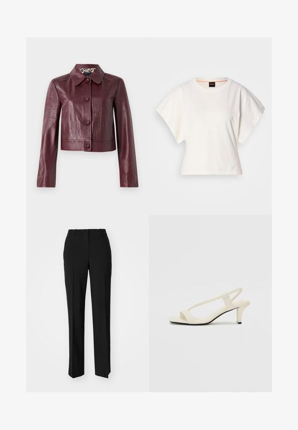 Burgundowa skórzana kurtka typu cropped z kołnierzykiem, zapięciem na guziki i długimi rękawami. Gładka faktura z dekoracyjnymi szwami.; Biała, krótka koszulka z szerokimi rękawami, wykonana z miękkiej bawełny, okrągły dekolt z delikatnym pomarańczowym wykończeniem, minimalistyczny design, bez wzorów i grafik.; Czarne spodnie o dopasowanym kroju z prostymi nogawkami, o gładkiej fakturze i wyraźnych zagięciach z przodu. Bez widocznych elementów metalowych.; Beżowe sandały na blokowym obcasie z cienkimi ramiączkami i kwadratowym noskiem. Gładki materiał z minimalną ilością detali, zaprojektowane z myślą o łatwym zakładaniu.