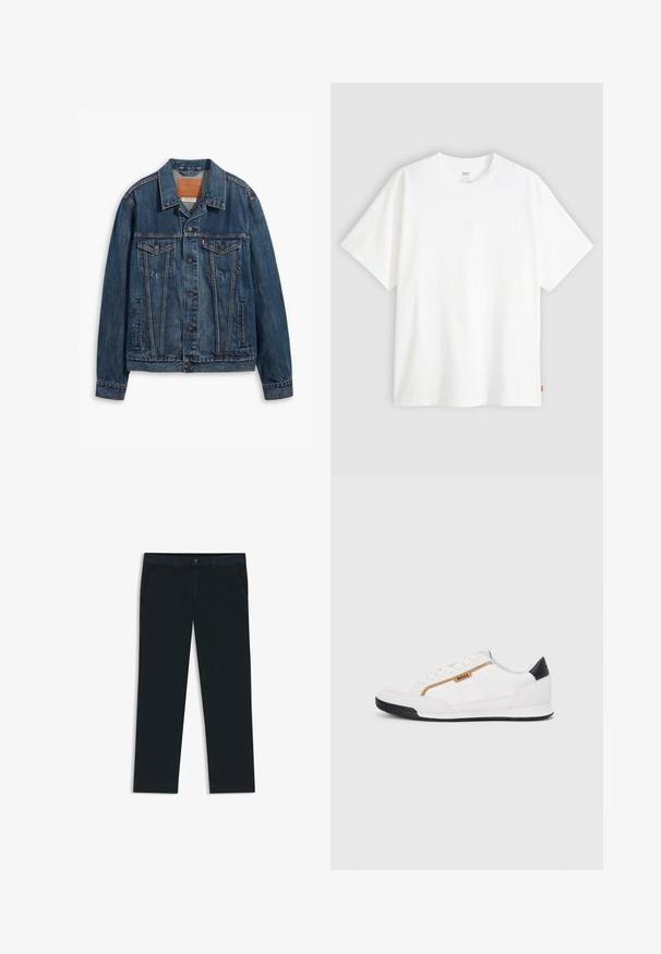 Sininen farkkutakki klassisella designilla, jossa on rintataskut, metallinapit ja erottuva ommel. Rakenteellinen kaulus ja helma.; Valkoinen lyhythihainen t-paita, joka on valmistettu puuvillasta ja jossa on pyöreä pääntie. Etupuolella on hienovarainen kohokuvioitu logo ja helmassa punainen etiketti.; Tummansinisiä chinos-housuja, jotka on valmistettu puuvillasekoitteesta. Niissä on vyölenkit, etutaskut sekä vetoketjulla varustettu nappisulku.; Valkoiset urheilukengät, joissa on verkkokudosta ja nahkaosia. Varustettu kultaisella "BOSS"-logolla, tekstuurillisilla sivupaneeleilla ja mustalla kantapäällä. Kumikanta.