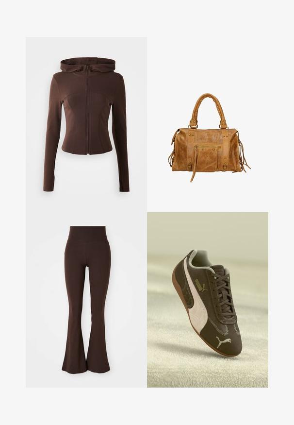 Bruine hoodie met rits en een aansluitend ontwerp, lange mouwen en een capuchon. Gemaakt van glad, rekbaar materiaal met gebogen naden en een gestroomlijnde vorm.; Bruine lange mouwjas met volledige rits aan de voorkant, staande kraag en twee voorzakken, plat gelegd op een witte achtergrond.; Crème lange mouw top met een V-hals, voorzien van een fijne kantafwerking bij de halslijn en kantaccenten bij de manchetten. Zachte stofstructuur.; Brune uitlopende leggings gemaakt van zachte, rekbare stof, met een hoge tailleband en een getailleerd silhouet dat uitloopt bij de enkel.; Bruine Puma sneaker met een beige streep en logo, met veters, rustend op een gestructureerde beige ondergrond.; Tan leren handtas met twee korte handvatten, ritsvak, metalen accenten en decoratieve zijtassels. Zachte textuur met een licht gerimpelde afwerking.