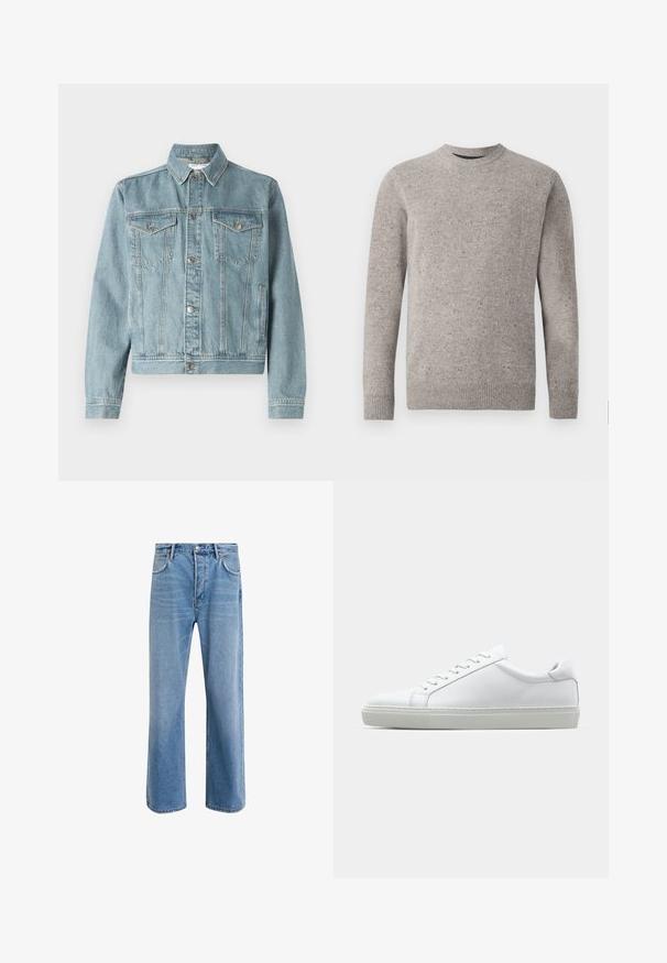 Light blue denim jacket with a pointed collar, two chest pockets, silver buttons, and a cropped design. Features textured fabric and stitched detailing.; Light gray knitted sweater with a crew neckline, long sleeves, and ribbed cuffs and hem. Textured pattern with flecks of color.; Light blue denim jeans with a straight-leg design, five pockets, button closure, minimal fading, and contrasting stitching details.; White sneaker with a smooth leather upper and a low profile. Features a rounded toe, six eyelets, and a textured rubber sole.
