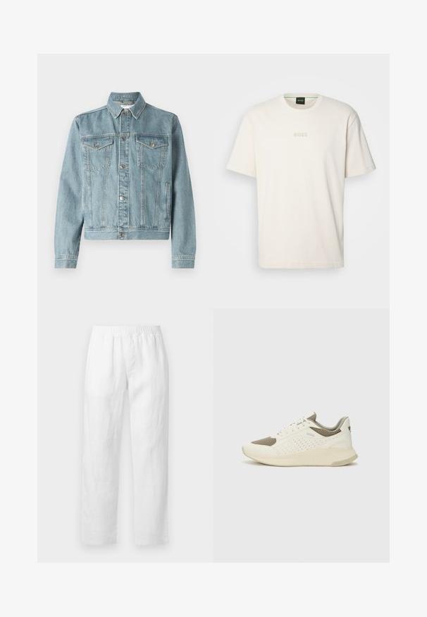 Jaqueta de denim azul claro com colarinho pontudo, dois bolsos no peito, botões prateados e um design cropped. Apresenta tecido texturizado e detalhes costurados.; BOSS TEE - T-shirt básica - open white; Calças de linho branco com cintura elástica, corte reto e textura suave, sem padrões visíveis ou detalhes de ferragens.; Sapatilha atlética branca e bege claro, com parte superior em malha, detalhes perfurados e uma entressola texturizada com marcação no calcanhar.