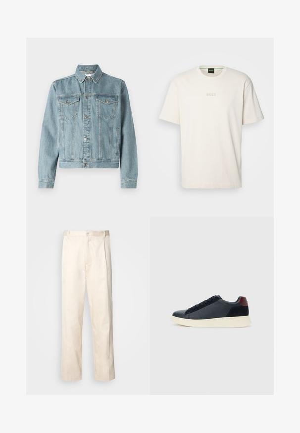 Hele sinise teksajakk, millel on terav krae, kaks rinnataskut, hõbedased nupud ja lühendatud disain. Omab tekstuurse kanga ja õmblustega detaile.; BOSS TEE - Lihtne T-särk - open white; Beesidised puuvillased püksid sirge jala lõikega, mis on varustatud nööpkinnituse ja ees olevate voltidega, et lisada detaili.; Madala stiilis meeste toss mustast nahast ja seemisnahast, marooni värvi kanna detailiga ja valge kummist tallaga, vaatega välisküljelt.