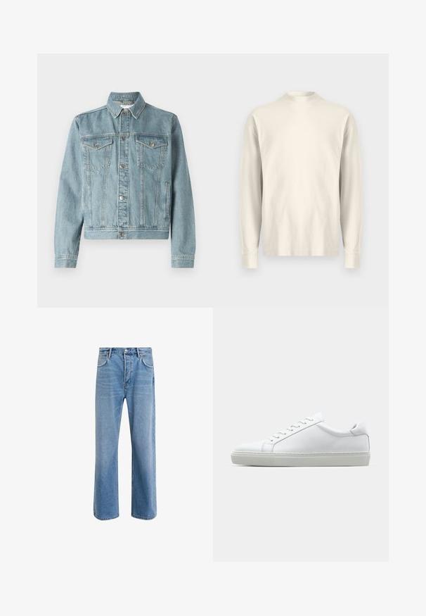 Világoskék farmerdzseki hegyes gallérral, két mellzsebbel, ezüst gombokkal és rövidített fazonnal. Texturált anyaga és varrott részletei vannak.; Hosszú ujjú, állógalléros ing világos krém színű pamutból. Sima textúra, laza fit, minimalista dizájn, nincs látható minta vagy kiegészítő.; Világoskék farmernadrág, egyenes szárú fazonnal, öt zsebbel, gombos záródással, minimális kopással és kontrasztos varrással.; Fehér sportcipő sima bőr felső résszel és alacsony profilsal. Kerek orr, hat fűzőlyuk és barázdált gumitalp jellemzi.