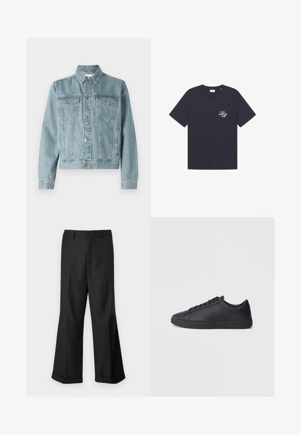 Light blue denim jacket with a pointed collar, two chest pockets, silver buttons, and a cropped design. Features textured fabric and stitched detailing.; Navy blue cotton t-shirt with a crew neckline, short sleeves, and a small white "LD" logo on the left chest. Classic boxy fit.; Black wide-leg trousers with buttoned waistband and cuffed hems, displayed against a plain white background.; Black sneakers made of smooth leather with a low-top design, round toe, and flat rubber sole. Features laces and subtle branding.